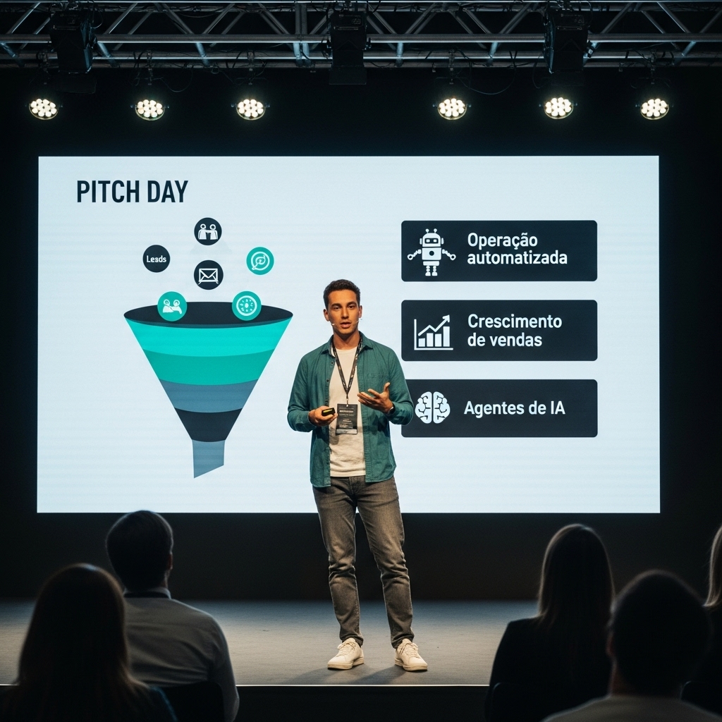 Imagem de um empreendedor dando um pitch sobre seu negócio, com operação automatizada, crescimento de vendas e agentes de IA