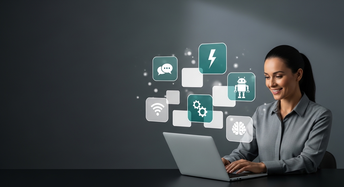 Empreendedora trabalhando com automações, ferramentas internas e IA